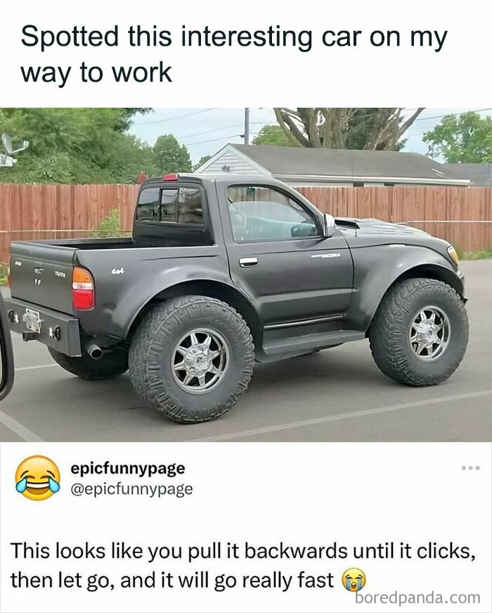Unusual custom car humor with oversized tires in a meme format.
