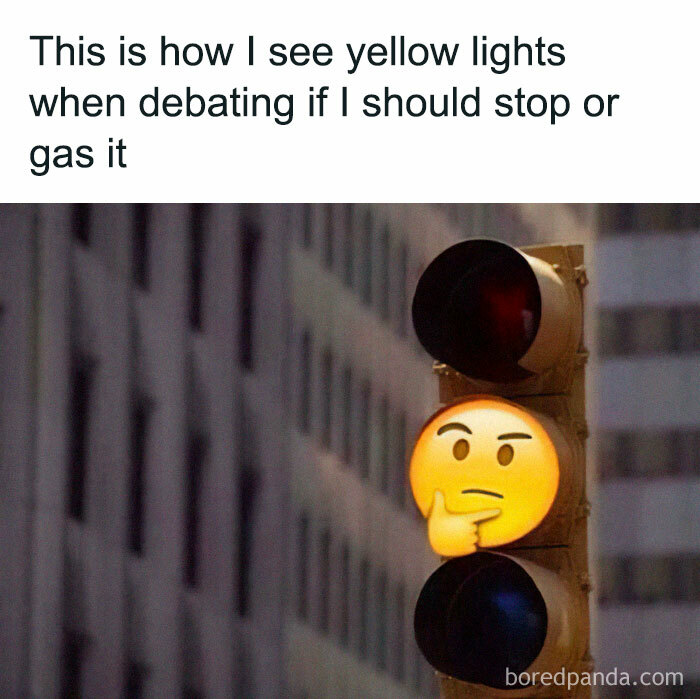 Traffic light meme with a thinking emoji on the yellow light, humorously depicting indecision in driving.