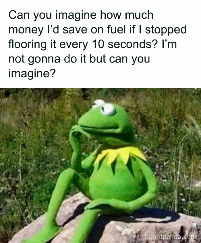 Kermit the Frog sitting and pondering a humorous car meme about saving fuel by not flooring the gas every 10 seconds.