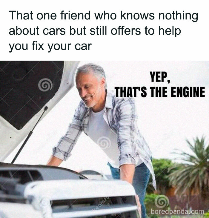 Man looking under car hood, captioned "Yep, that's the engine." Car memes humor.
