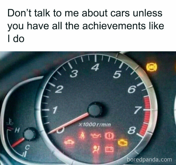 Car memes dashboard with multiple warning lights on, showcasing humorous achievement in vehicle maintenance.