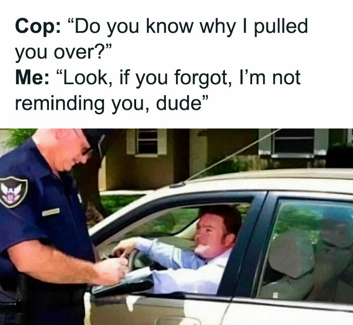 Police officer writing a ticket to a driver, adding humor to the car meme scene.