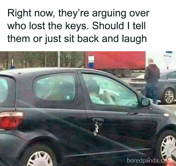 Car meme showing keys left in a car door with a humorous caption about people arguing over lost keys.