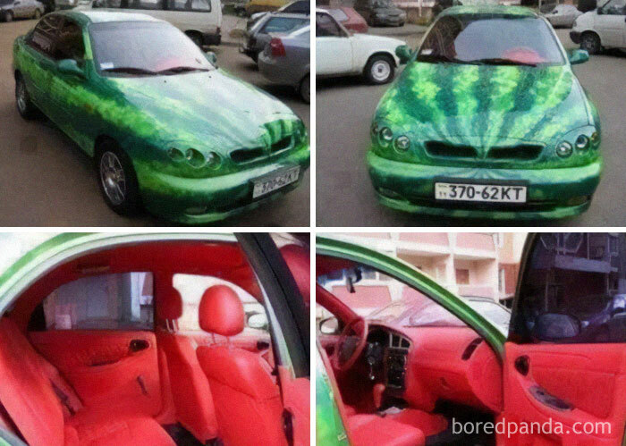 Car with a watermelon paint job and vibrant red interior, showcasing a playful car meme design.