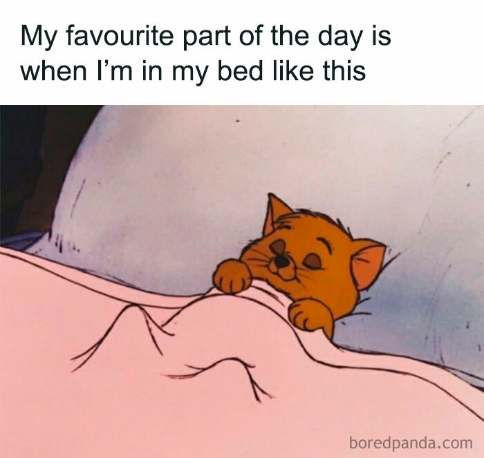 Cozy cartoon cat under blanket, representing funny memes that hit close to home.