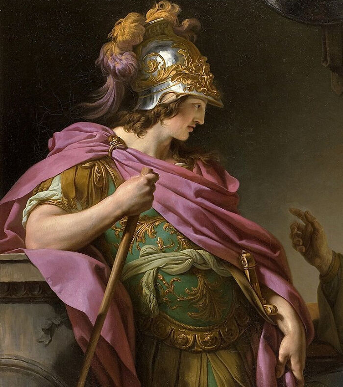 A person in classical armor with a purple cloak, symbolizing infamous historical traitors.
