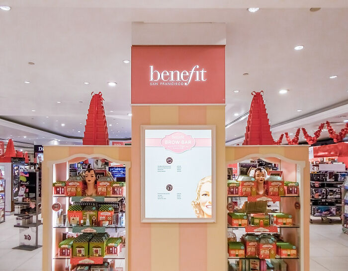 Benefit cosmetics store display in a mall, illustrating companies that lost customers forever.