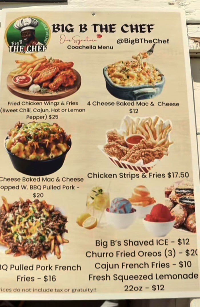 Coachella food menu shows high prices for fried chicken, mac & cheese, and more, causing attendee frustration.
