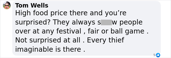 Comment expressing frustration about high food prices at Coachella festival events.