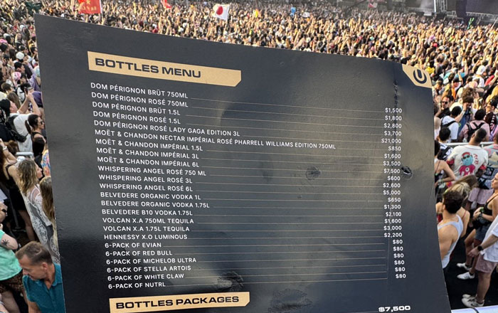 Coachella attendees react to high food prices, detailed on a menu board against a background of a crowded festival.