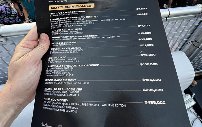 Coachella menu with high-priced bottle packages, showcasing festival food prices that leave attendees upset.