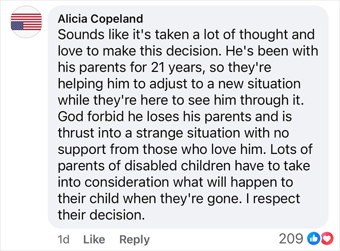Comment discussing decisions for the long-term care of a disabled child.