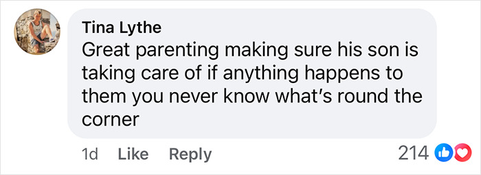 Facebook comment praising parenting decision for long-term care planning.
