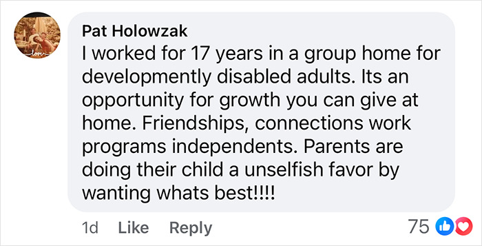Comment about a group home experience for disabled adults, highlighting growth opportunities and support for families.