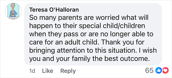 Comment discussing long-term care for disabled adult children, with 65 likes and supportive notes on the issue.