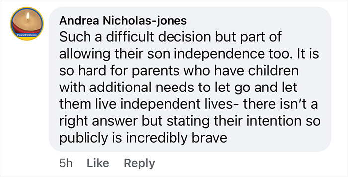 Comment discussing Colin Farrell's decision for his son's long-term care, highlighting parental bravery and independence.