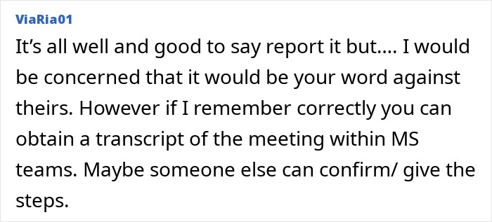 Text suggesting obtaining a meeting transcript for evidence after a video call incident.