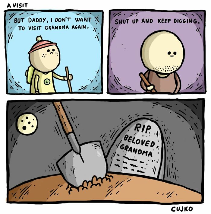 Comic with dark twist showing a child and parent digging a grave near a tombstone labeled beloved grandma.