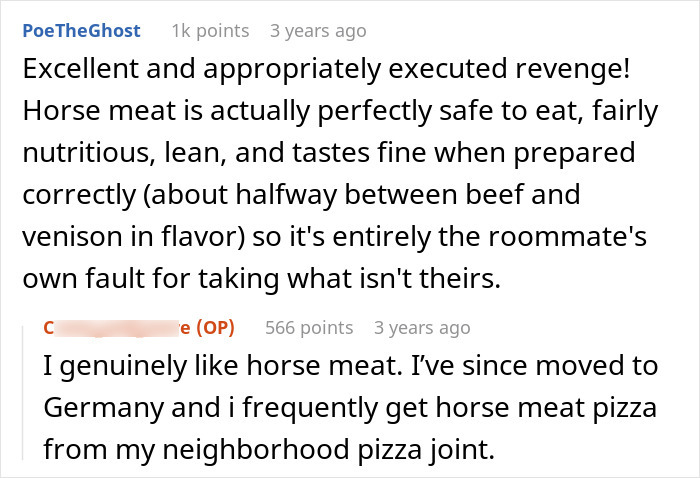 Text exchange about a roommate stealing food, mentioning horse meat and an executed revenge plan.