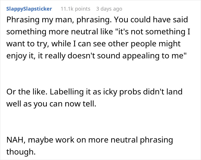Online criticism about calling girlfriend's cultural food "disgusting," suggesting more neutral language.