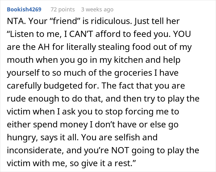Text comment discussing backlash over friend consuming groceries worth $60.
