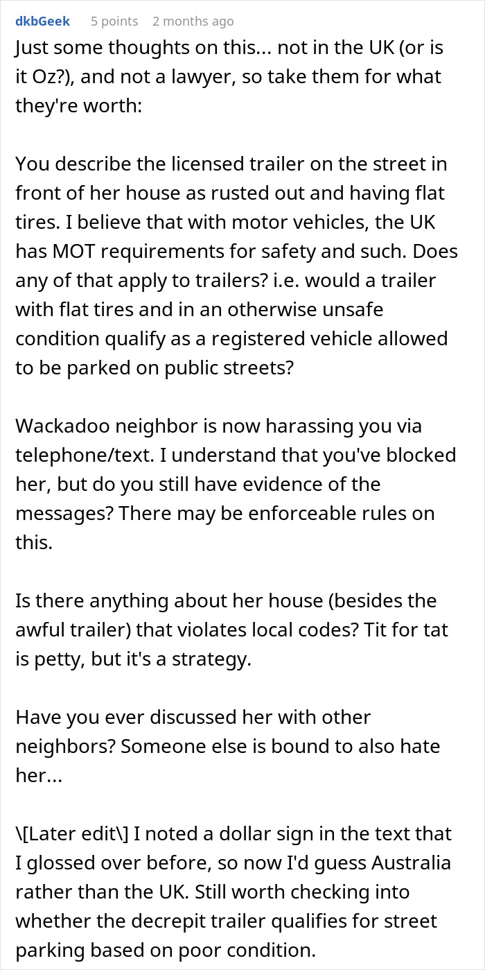 Reddit comment discussing trailer law, neighbor dispute, and legal advice. Reddit comment discussing trailer law, neighbor dispute, and legal advice.