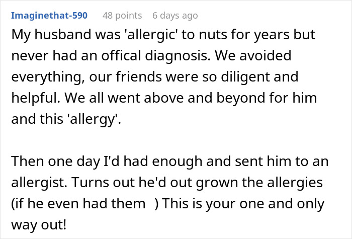 Text about faking an allergy to nuts and eventually resolving the situation.