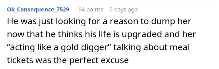 Comment discussing breakup excuses and "gold digger" allegations.