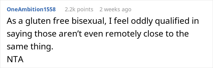 Comment on gluten-free diet vs. sexuality comparison, user disagrees, says not comparable.