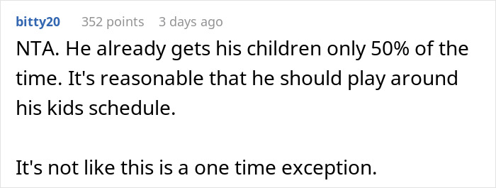 Reddit comment discussing husband being home for kids' schedule. Reddit comment discussing husband being home for kids' schedule.