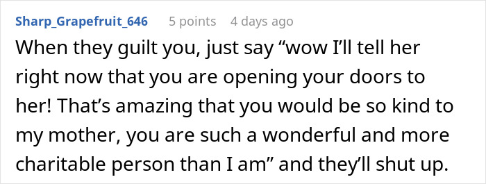 Reddit comment discussing a response strategy to guilt-tripping involving a daughter and mother relationship. Reddit comment discussing a response strategy to guilt-tripping involving a daughter and mother relationship.