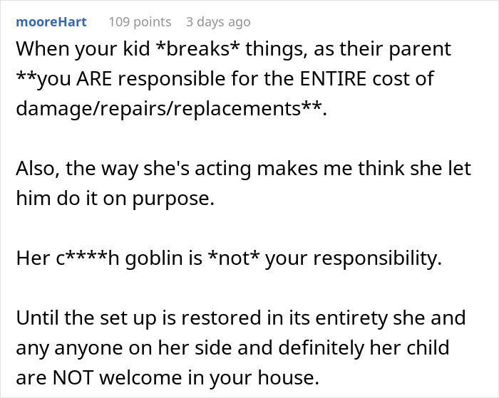 Image of a comment discussing family drama and responsibility for $2,000 damages caused by a sister's child.