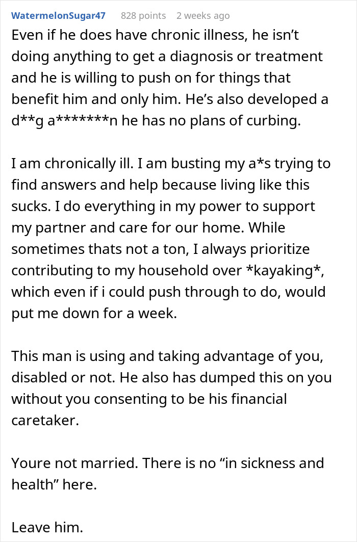 Reddit comment criticizing a man for using his pain as an excuse to avoid responsibilities.