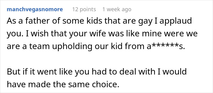 Screenshot of a social media comment discussing a dad defending his bi daughter amid family conflict and divorce threats. Screenshot of a social media comment discussing a dad defending his bi daughter amid family conflict and divorce threats.