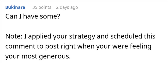 User comment about wealth strategy, using humor, requests to share the success.