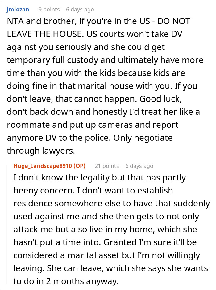 Text discussion on domestic issues: legal concerns about leaving the marital home amidst conflict.