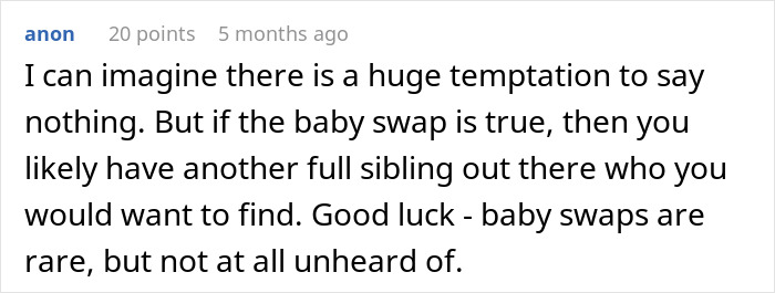 Comment discusses implications of family DNA results and the possibility of a baby swap, encouraging exploration of new family connections.