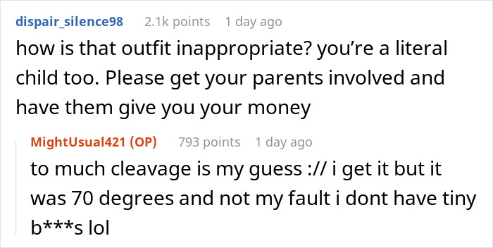 Reddit conversation discussing a teen's tank top and a babysitting payment issue. Reddit conversation discussing a teen's tank top and a babysitting payment issue.