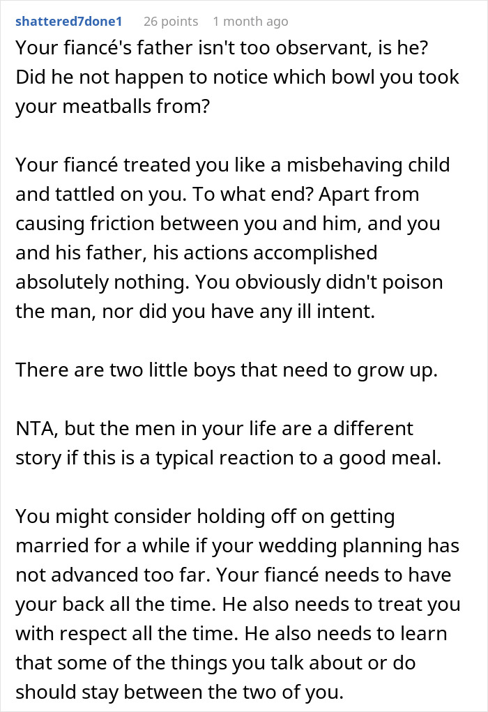 Text commenting on FIL's reaction to vegetarian meatballs and calling out fianc&eacute;'s behavior.