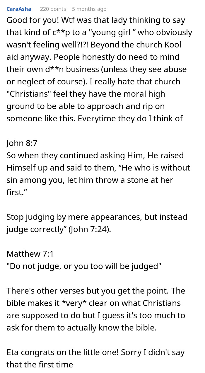 Comment defending new mom from harassment, mentions judging others and Bible verses. Comment defending new mom from harassment, mentions judging others and Bible verses.