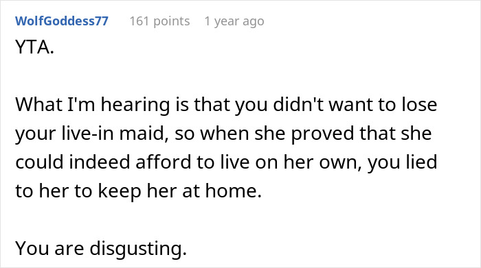 Comment criticizing a man's deceitful method to keep his stepdaughter doing chores by lying about rent.