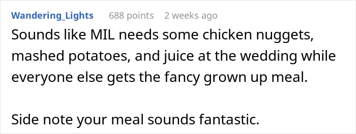 Comment discussing MIL's preference for simple wedding menu options, highlighting a humorous take on the situation.