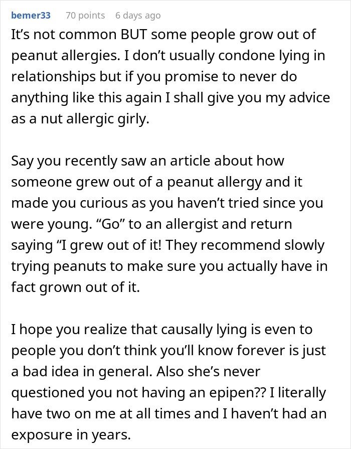 Reddit post discussing fake allergy, mentioning growing out of peanut allergies and the risks of casual lying.