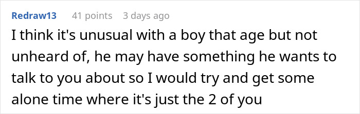 Comment discusses teenage boy wanting to snuggle with his dad, suggesting possible underlying reasons and communication.