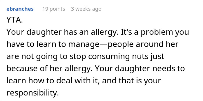 Comment explaining a grandmother threatening granddaughter&rsquo;s life over nuts, addressing allergy management responsibility.