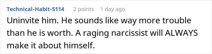 Comment suggesting to uninvite future father-in-law from wedding, describing him as narcissistic.