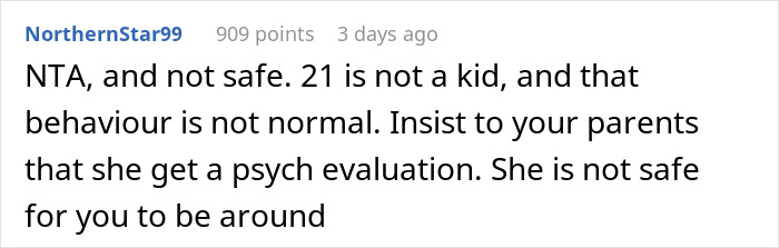 Reddit user comments on getting sister arrested for destroying clothes, advising a psychological evaluation and parental insistence.