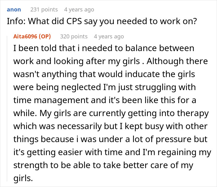 Text exchange discussing CPS recommendations on balancing work and childcare, shared on a public forum.