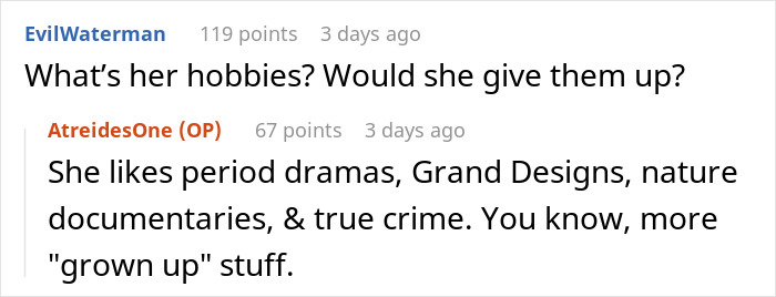 Comment exchange on hobbies, comparing video games to period dramas and nature documentaries.