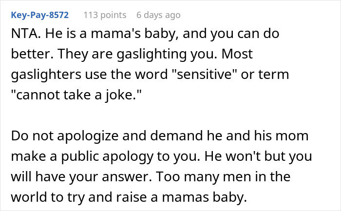 Comment excerpt about a mama's baby gaslighting girlfriend after mom jokingly steals her seat to separate the couple.